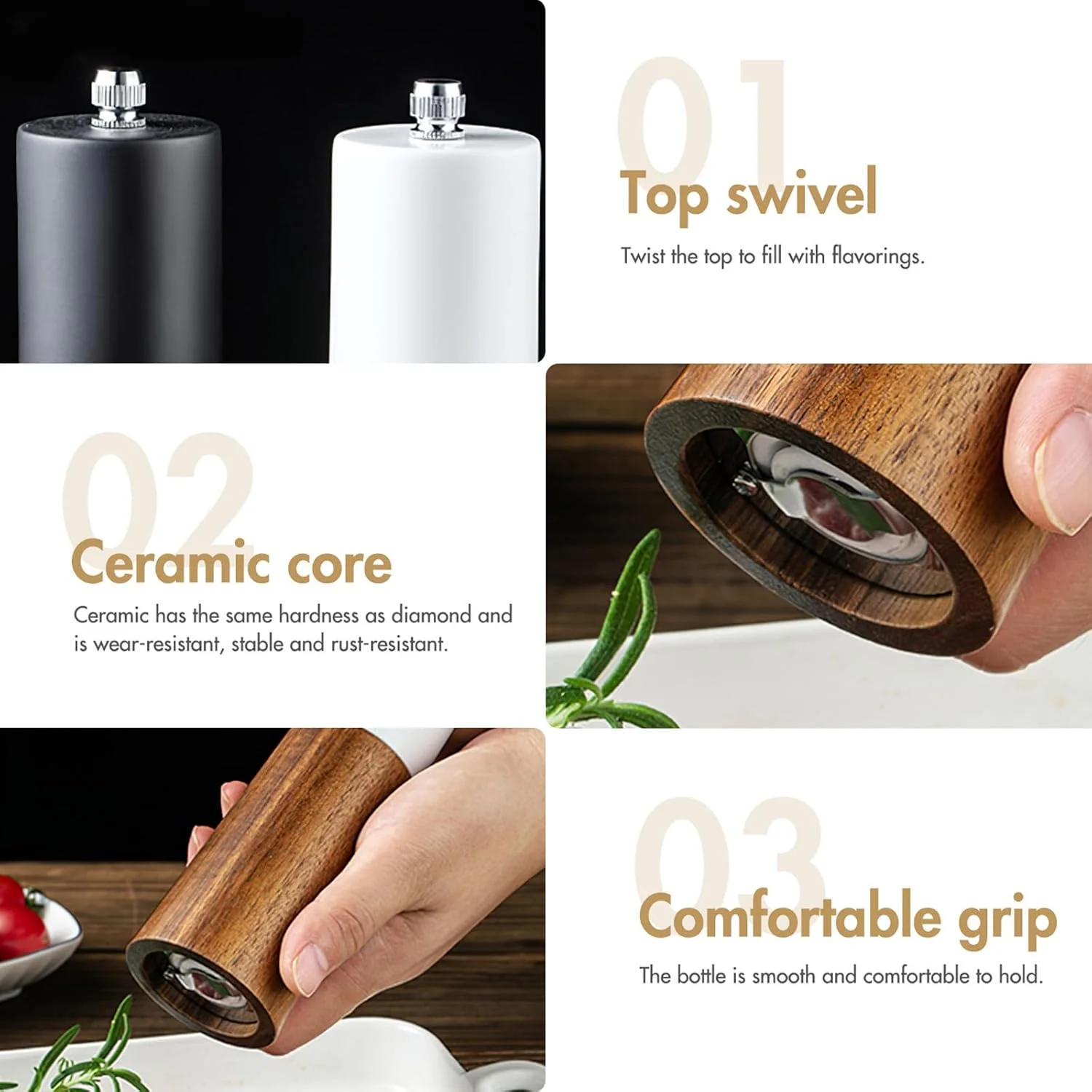 AKDC Premium Wooden Salt & Pepper Grinder Set with Stand – Adjustable Ceramic Grinding Mechanism - Image 3