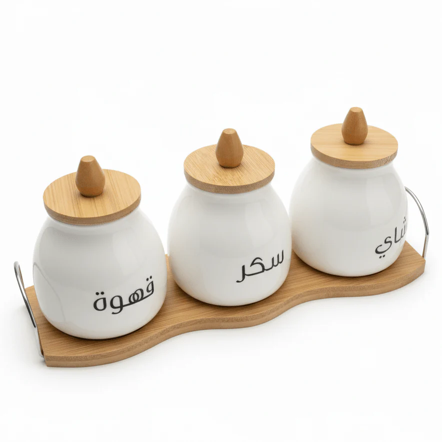 AKDC PureStore 3-Piece White Ceramic Seasoning Jar Set with Wooden Base & Airtight Lids Kitchen Storage 28×8cm
