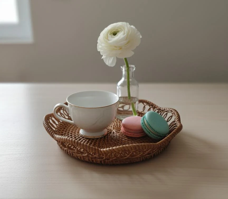 AKDC Rattan Round Tray 20 cm – Small Natural Handwoven Serving Tray - Image 2