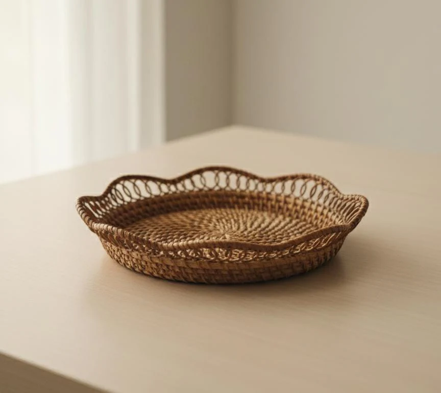 AKDC Rattan Round Tray 24 cm – Medium Handcrafted Natural Serving Tray