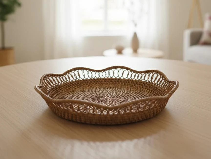 AKDC Rattan Round Tray 28 cm – Large Handwoven Decorative Serving Tray