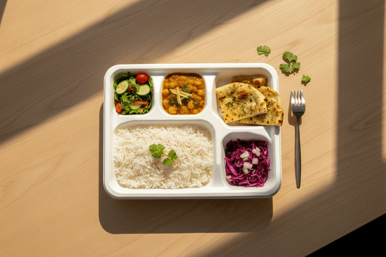 AKDC Rectangular 5-Compartment Sugarcane Pulp Paper Plates – 25 Piece Pack - Image 2