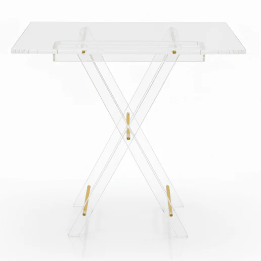 AKDC Rectangular Clear Acrylic Folding Table Set with Gold Frame Supports and Artistic Arabic Calligraphy Detail Premium 4-Piece Set 50x40x47 cm