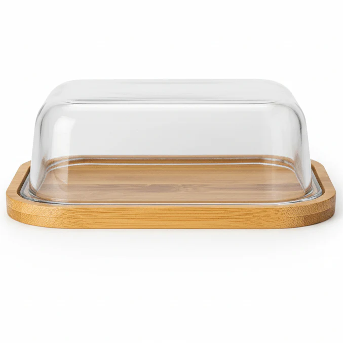 AKDC Rectangular Glass Butter Dish with Wooden Base – Premium Butter Keeper with Natural Wooden Base for Kitchen Use 21×16 cm