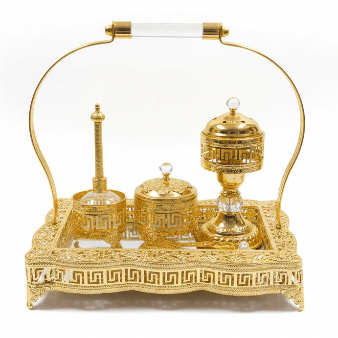 AKDC Royal Majlis Rectangular Golden Incense Burner Set | Ornate Metal & Glass Bakhoor Tray Set | 35×25cm | Luxury Arabic Home Fragrance Collection