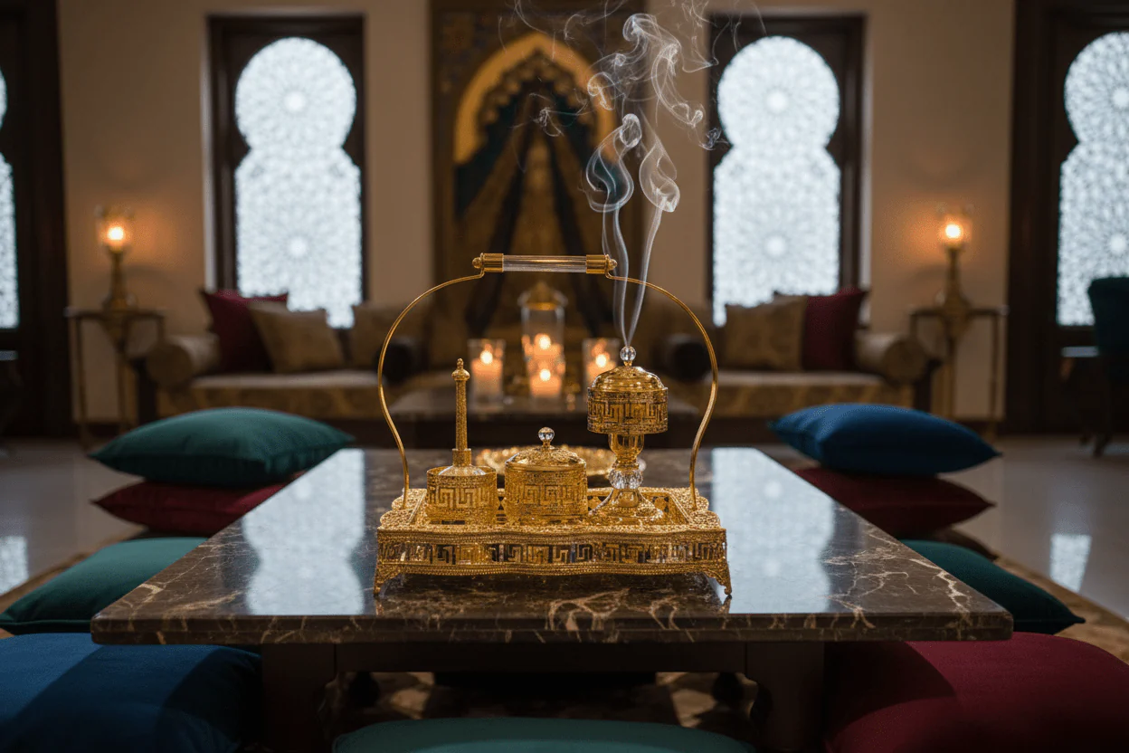 AKDC Royal Majlis Rectangular Golden Incense Burner Set | Ornate Metal & Glass Bakhoor Tray Set | 35×25cm | Luxury Arabic Home Fragrance Collection - Image 2