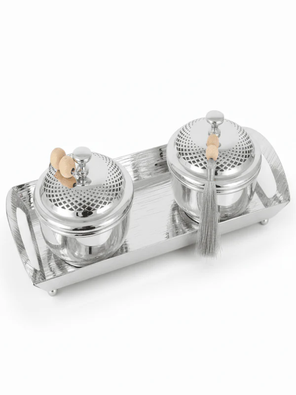 AKDC Rectangular Metal Tray with 2 Candy Bowls – Elegant Silver Finish, Complete Serving Set, 34 × 14 × 10 cm