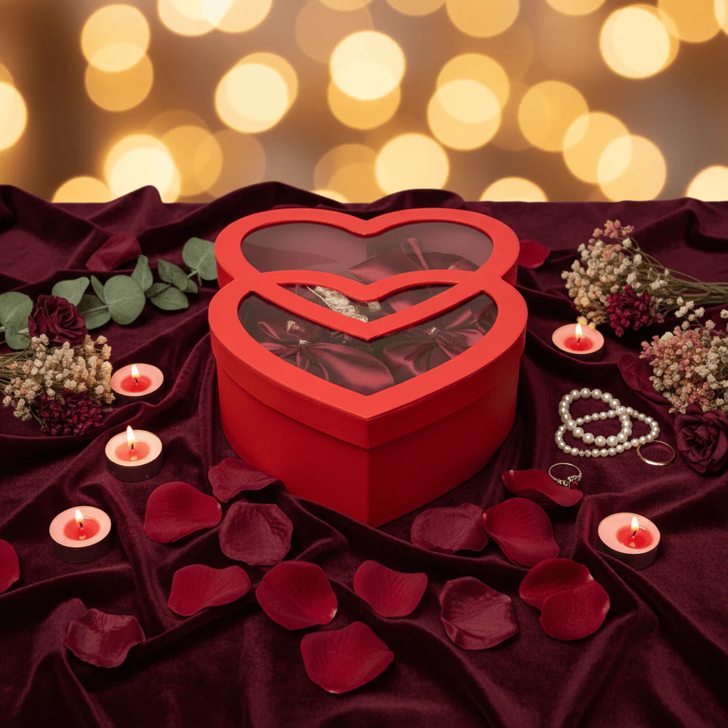 AKDC Romantic Red Double Heart-Shaped Cardboard Gift Box with Clear Plastic Cover for Chocolates, Jewelry & Valentine Gift Packaging – 32×22×10 cm - Image 2