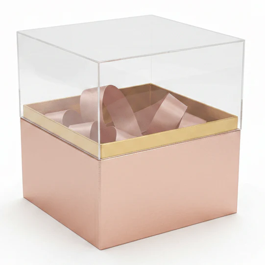 AKDC Rose Gold Square Cardboard Gift Box with Transparent Lid & Ribbon Ties for Premium Gift Packaging, Hampers & Occasions – 18×18×19 cm