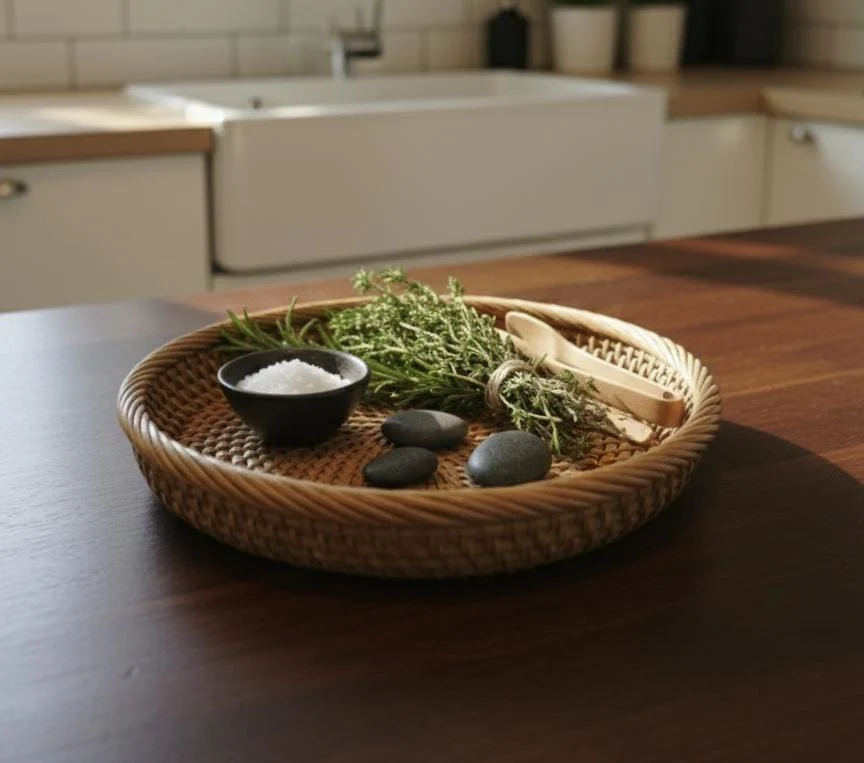 AKDC Round Bamboo Tray 28 cm – Large Natural Wooden Serving Tray - Image 2