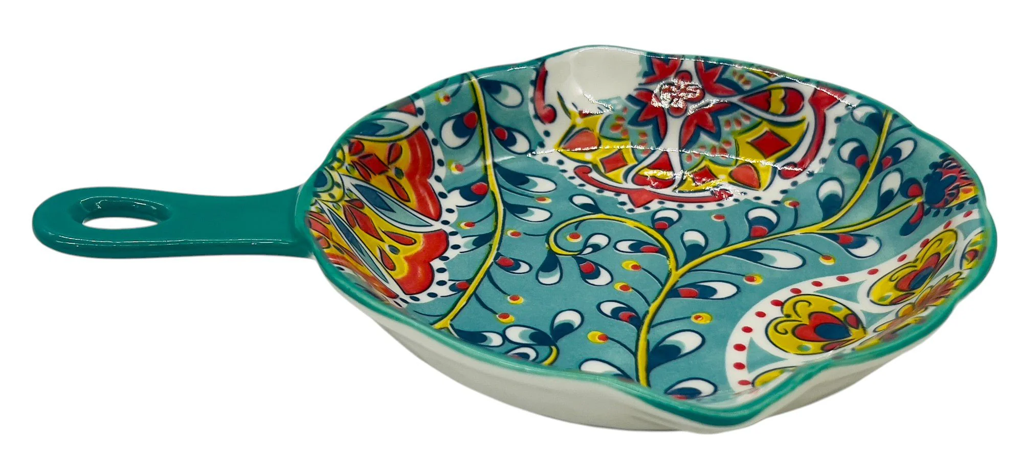 AKDC Round Ceramic Bowl with Handle 19cm*3.5cm, Teal and Multicolour Floral Designs - Image 2