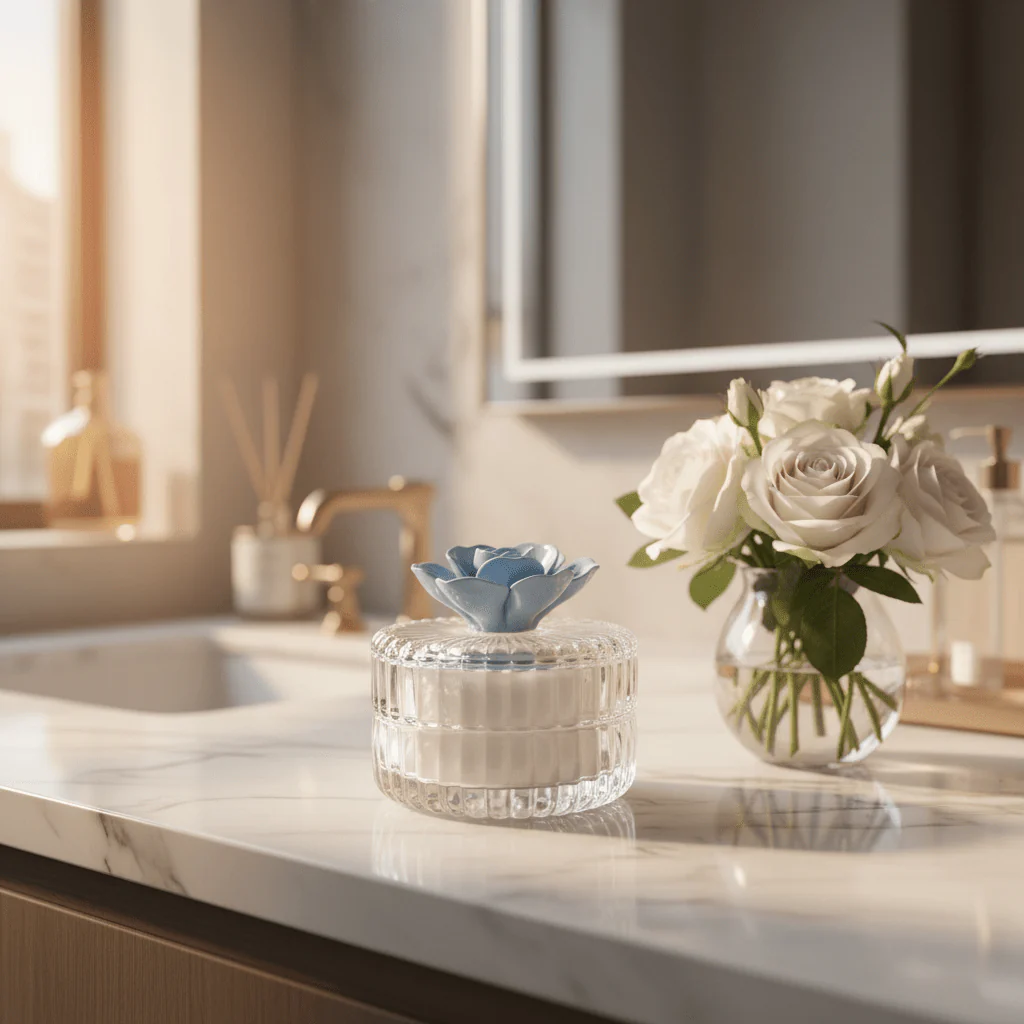 AKDC round glass candy jar with flower lid decorative storage container elegant sweet jar 8cm - Image 2