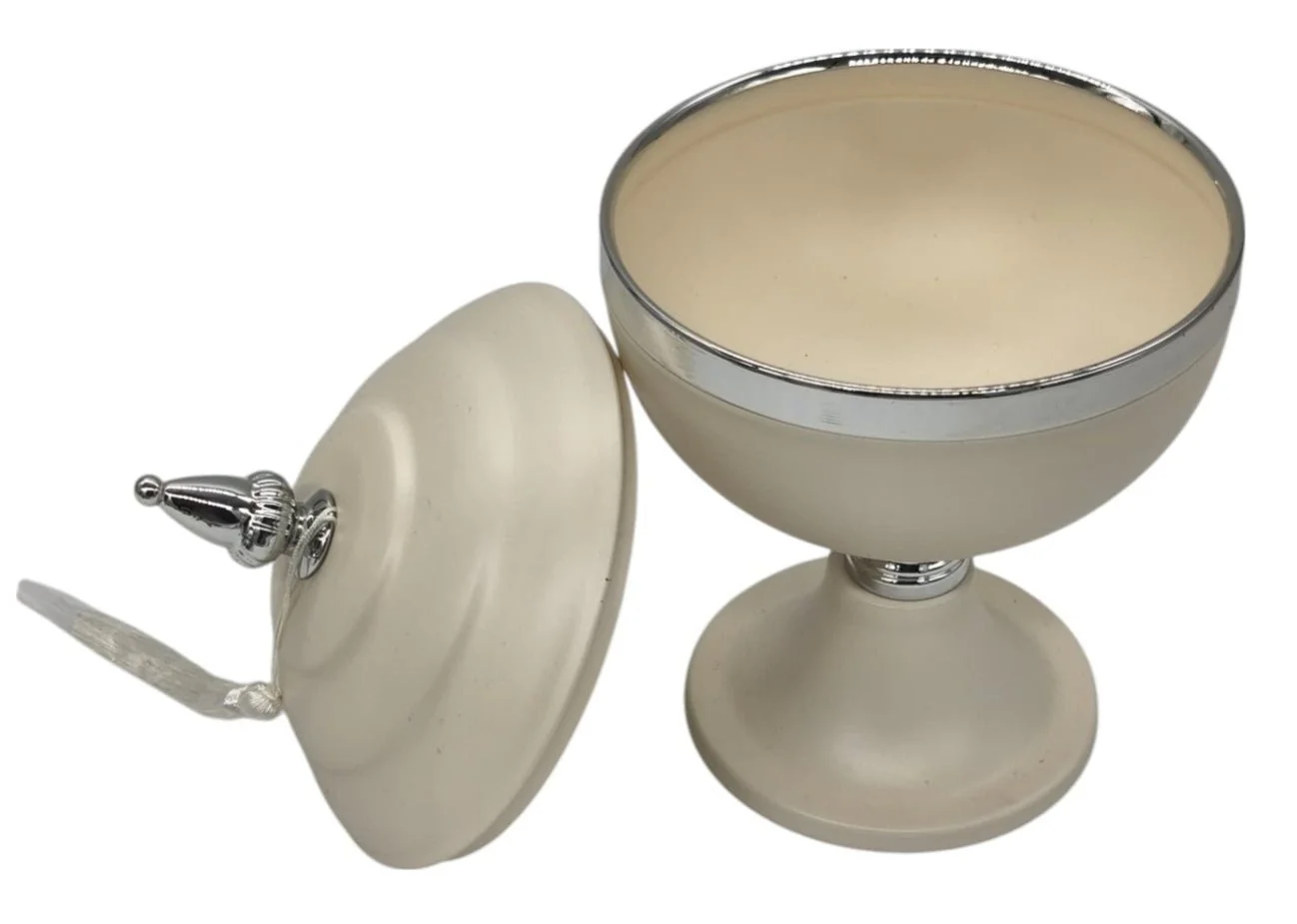 AKDC Round Metal Footed Candy Bowl with Lid 15cm*25cm, Ivory/Silver - Image 3