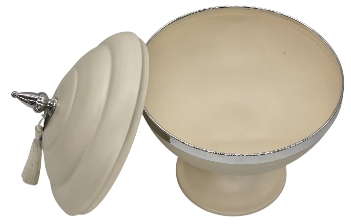 AKDC Round Metal Footed Candy Bowl with Lid 21cm*27cm, Ivory/Silver - Image 3