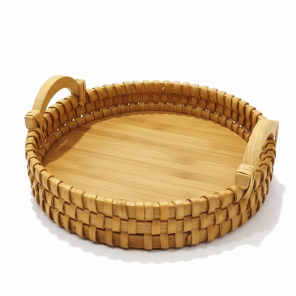 AKDC Round Wooden Basket with Handle – Natural Brown Finish, Classic Rustic Storage & Serving Basket, 26 × 6 cm