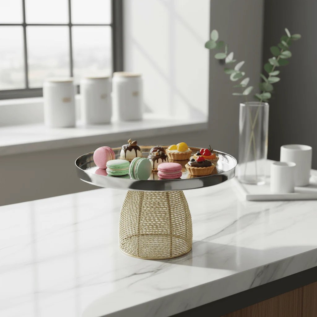 AKDC Royal Gold-Footed Stainless Steel Serving Tray – Premium Elevated Dessert Stand for Events & Catering – 26 × 14 cm - Image 2