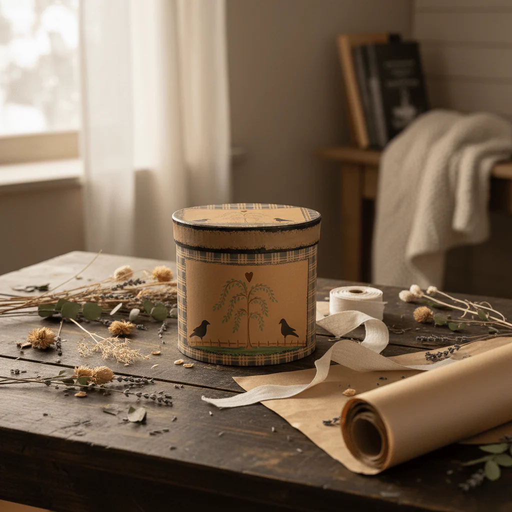 AKDC Rustic Kraft Round Cardboard Gift Box with Folk Art Willow Tree Design Lid for Handmade Gifts, Crafts & Storage – 14.5×14.5 cm - Image 2