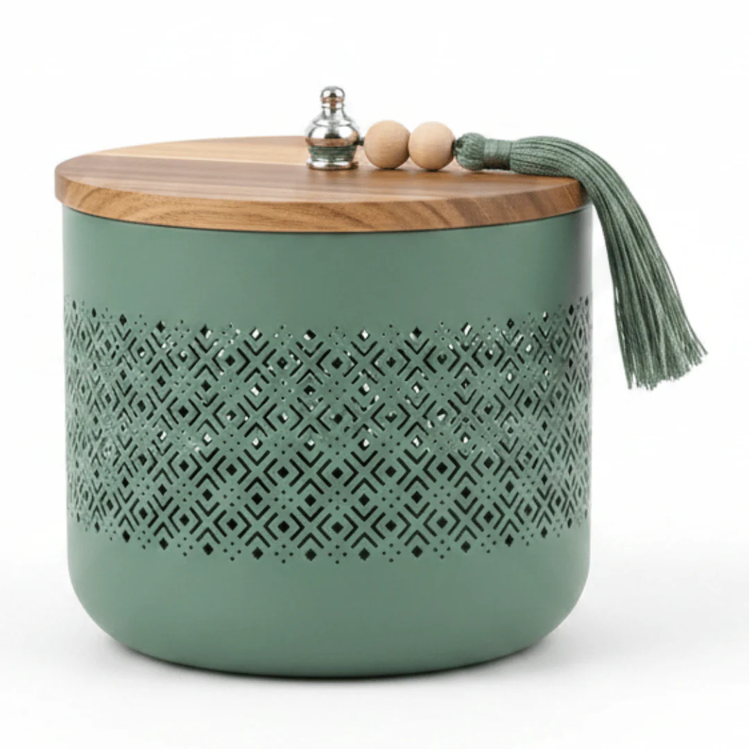 AKDC Sage Green Metal Candy Storage Jar with Wooden Lid β Elegant Kitchen Storage for Sweets & Snacks β 18 Γ 17 cm
