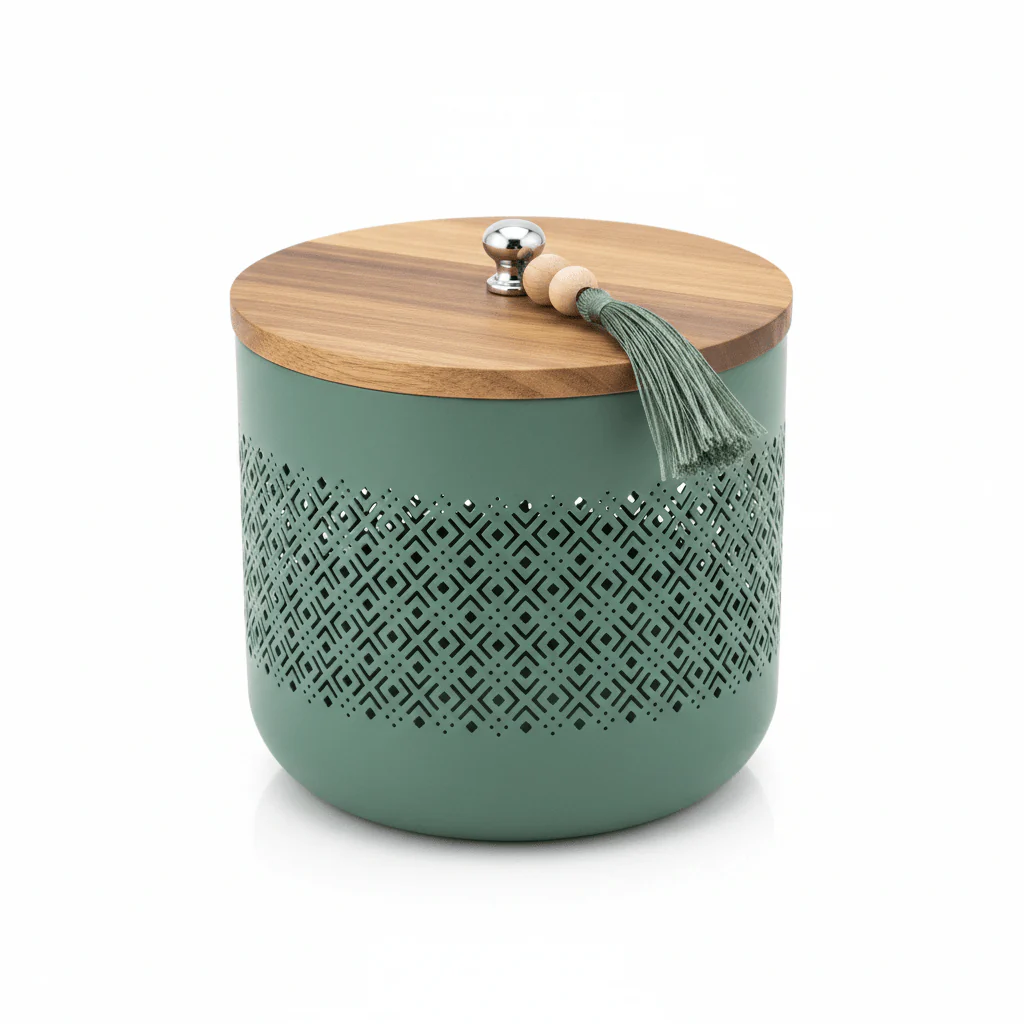 AKDC Sage Green Metal Candy Storage Jar with Wooden Lid β Elegant Kitchen Storage for Sweets & Snacks β 18 Γ 17 cm - Image 2
