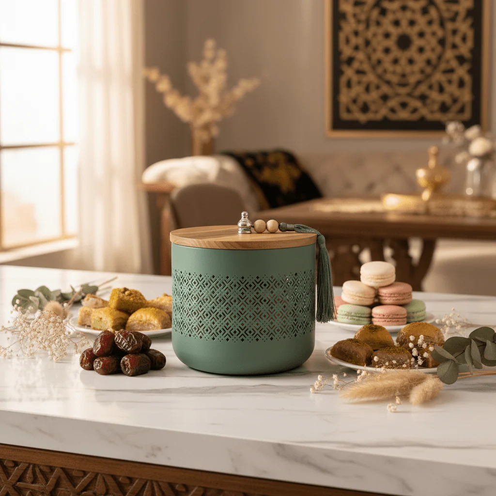AKDC Sage Green Metal Candy Storage Jar with Wooden Lid β Elegant Kitchen Storage for Sweets & Snacks β 18 Γ 17 cm - Image 3