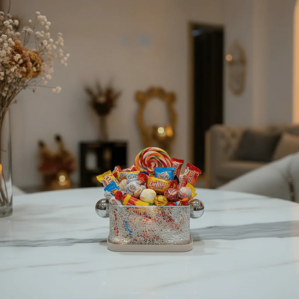 AKDC Silver & Cream Square Candy Pot – Elegant Decorative Storage Container for Table Serving – 12x12 cm - Image 2