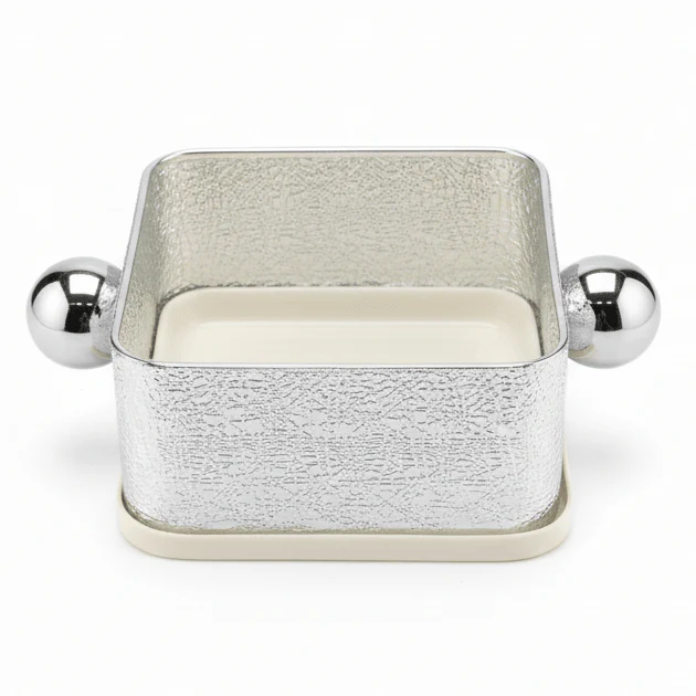 AKDC Silver & Cream Square Candy Pot – Luxury Metal Serving Bowl for Sweets Dates & Chocolates – 14x14 cm