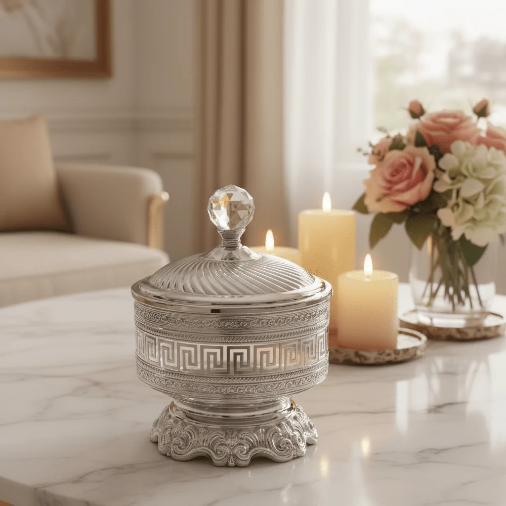 AKDC Imperial Greek Key Silver Candy Pot | Luxury Crystal-Lid Serving Jar | 25×18cm - Image 2