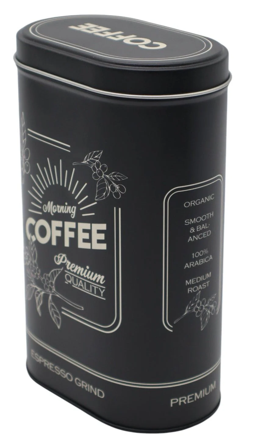 AKDC Small Oval Black Metal Coffee Canister with Coffee Logo – Compact and Stylish Storage Container, 19×12×7 cm - Image 2