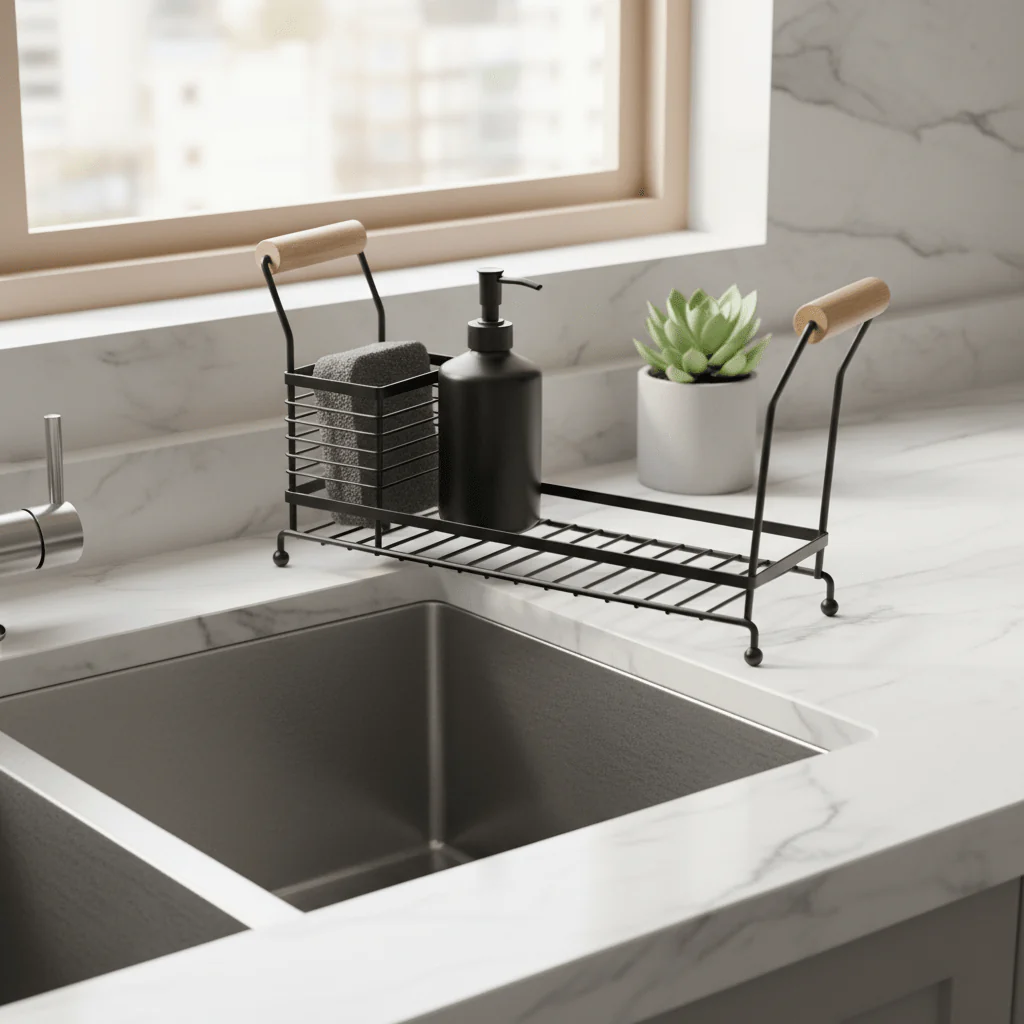 AKDC Space-Saving Black Metal Kitchen Sink Organizer Rack for Sponge, Soap & Cleaning Accessories – 25x10cm - Image 2