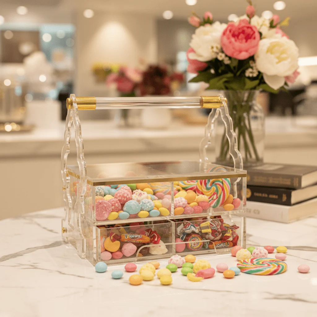 AKDC Square Acrylic 4 Compartment Candy Box Transparent Storage Organizer for Snacks Dry Fruits and Sweets 24 x 24 cm - Image 2
