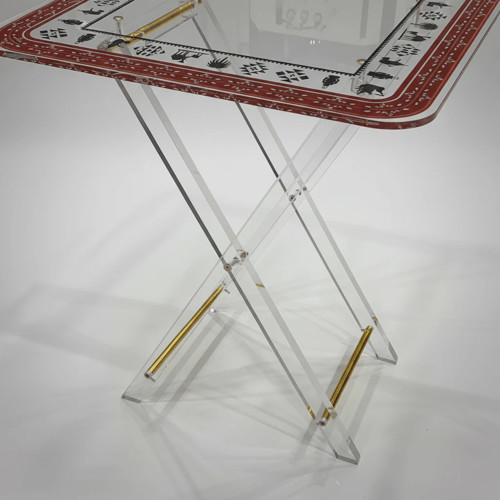 AKDC Square Clear Acrylic Folding Coffee Table Set with Geometric Tribal Motif Print Contemporary 4-Piece Design 40x40x47 cm - Image 2
