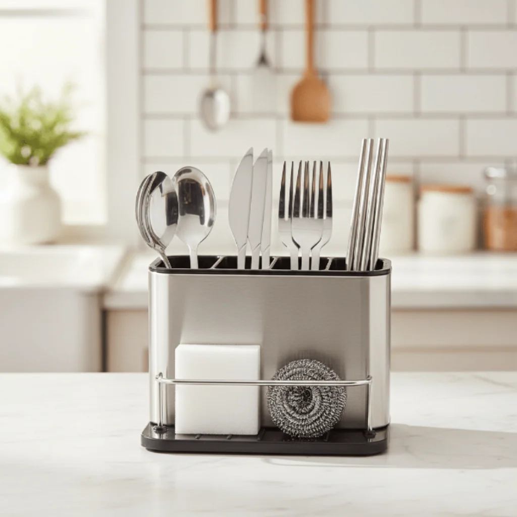 AKDC Stainless Steel 4-Section Cutlery Holder with Built-In Drainer System – Hygienic & Rust-Proof Kitchen Storage Solution (180×128×130 mm) - Image 2