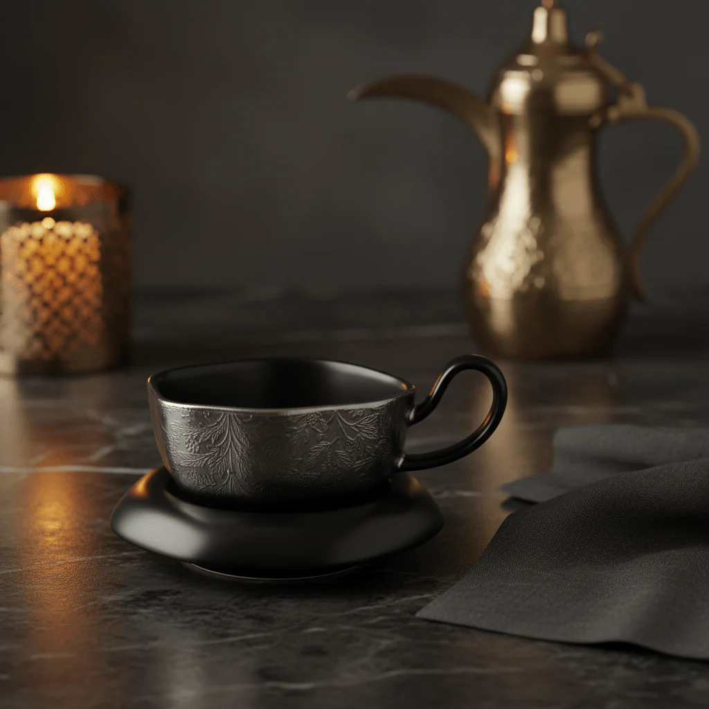 AKDC Stylish Silver Ceramic Cup with Modern Decorative Finish & Contrasting Black Saucer 200ml - Image 2