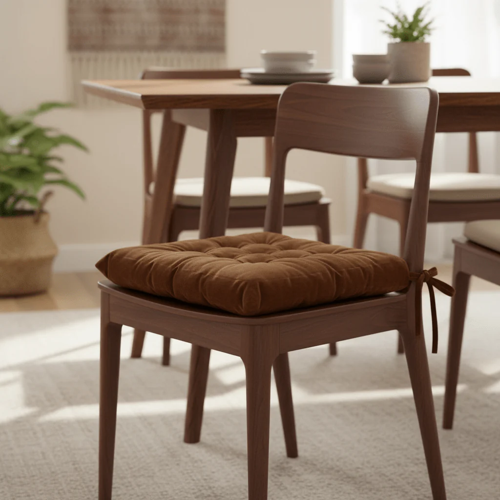 AKDC Tufted Velvet Cinnamon Brown Square Chair Pad with Ties Soft Supportive Cushion for Dining Chairs and Office Use 40 cm - Image 2