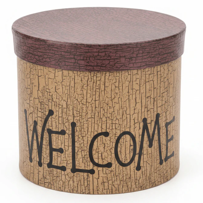 AKDC Vintage Crackle Tan Round Cardboard Gift Box with Welcome Text Design Lid for Gift Presentation, Hampers & Storage – 17×15 cm