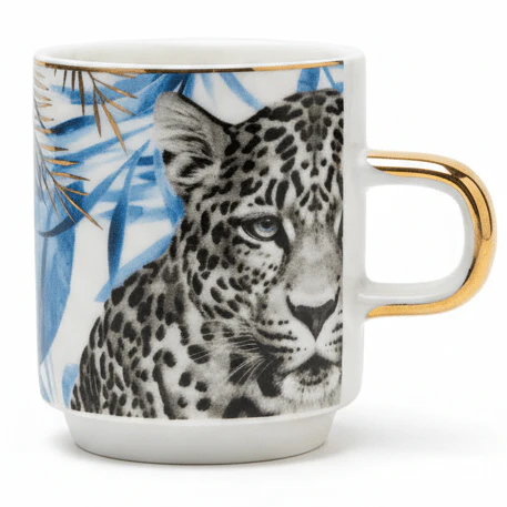 AKDC White Ceramic Mug with Black Tiger Artwork and Premium Gold Handle for Unique Style – 80ml