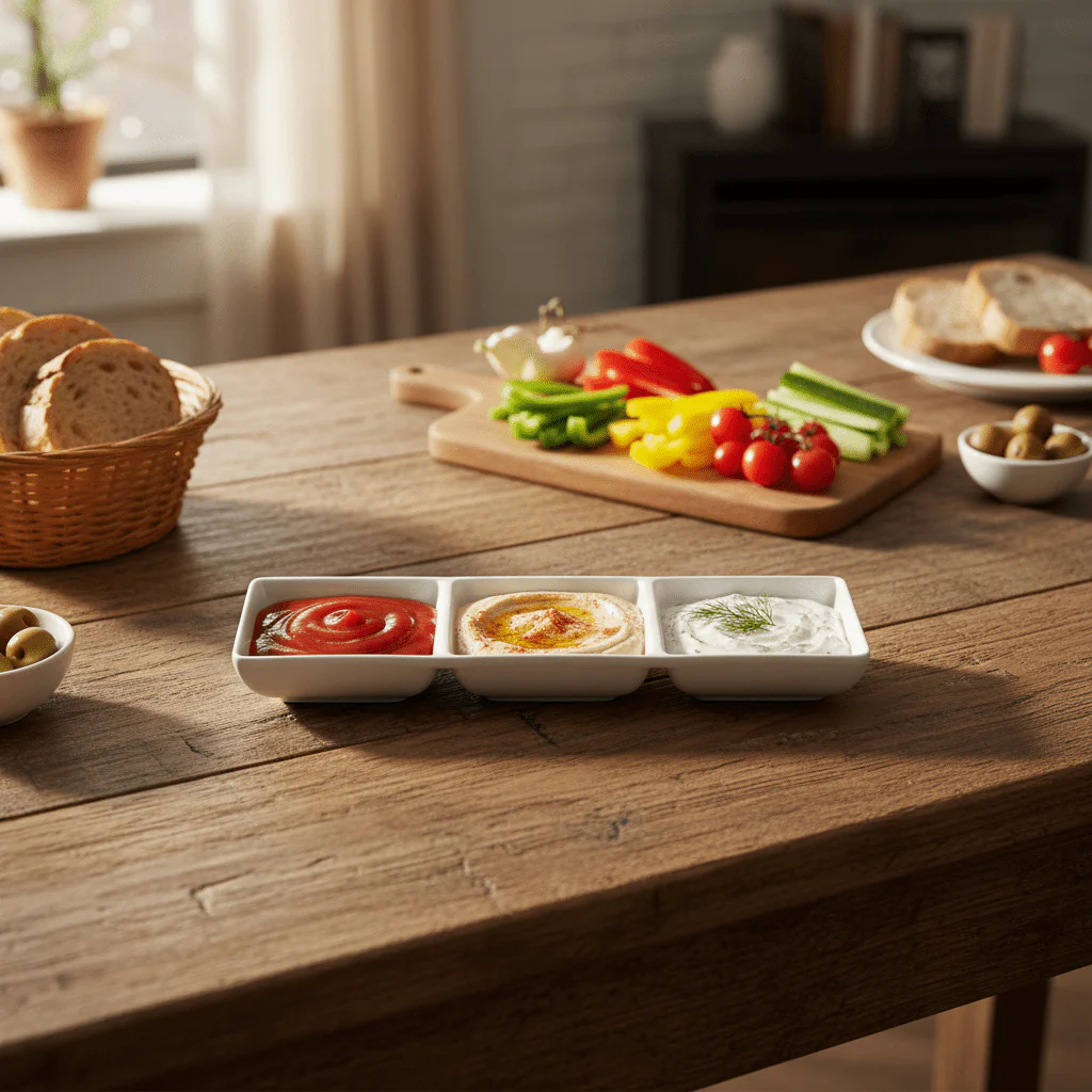 AKDC White Melamine Rectangle 3 Portion Sauce Bowl 3.5 Inch Triple Dip Bowl for Serving Variety Sauces - Image 2