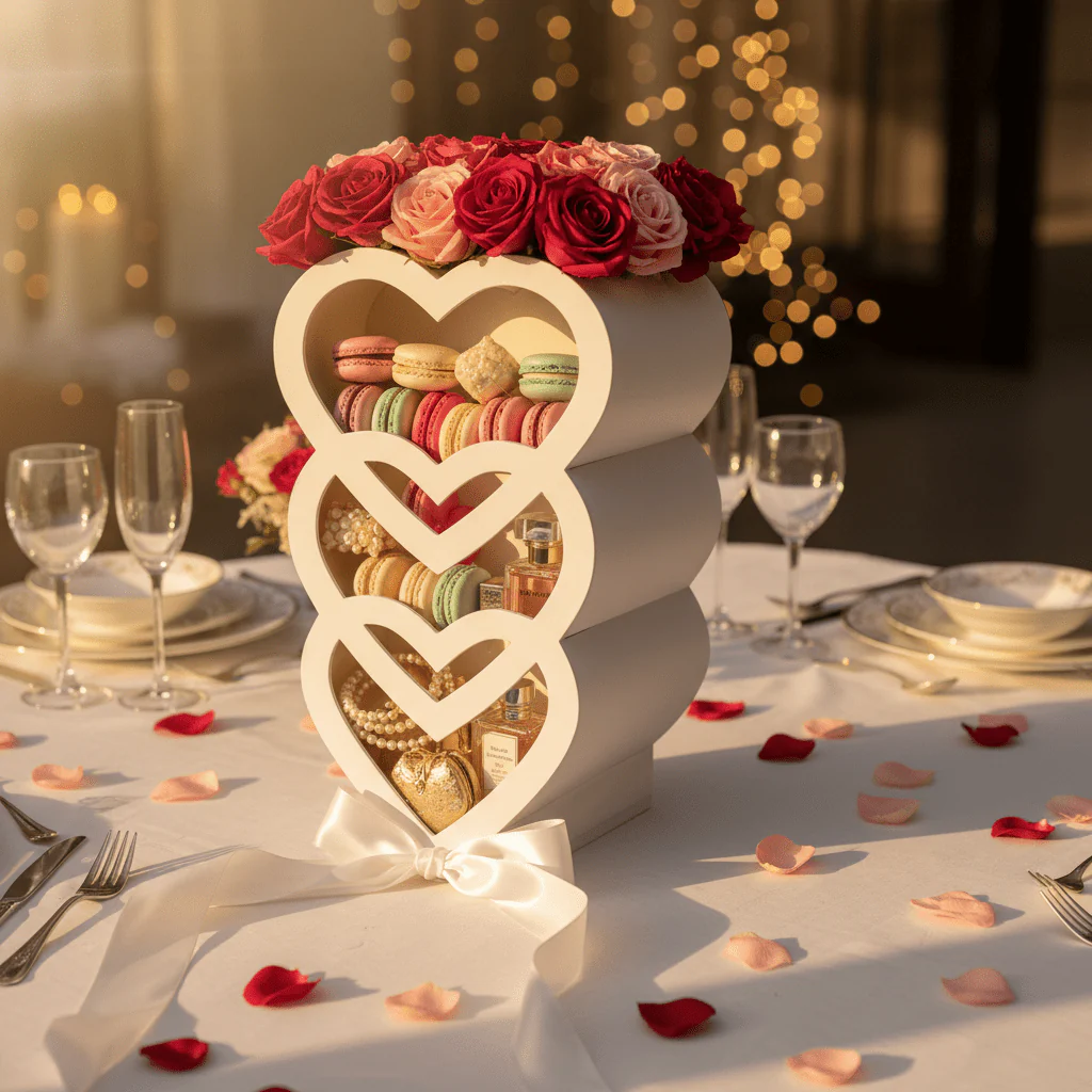 AKDC White Triple Heart Cardboard Gift Box with Clear Cover for Elegant Gift Presentation, Weddings & Special Events – 45×20×10 cm - Image 2
