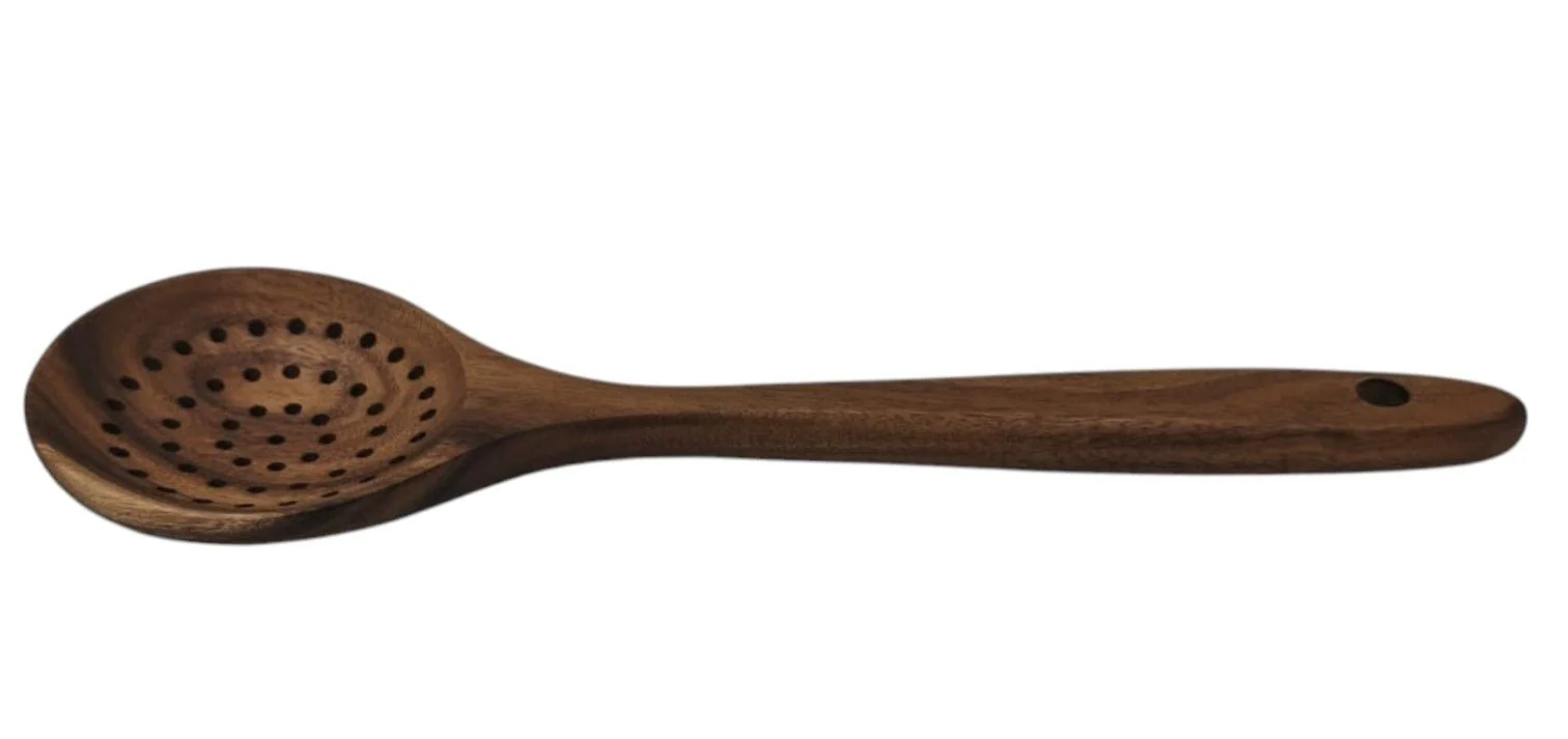 AKDC WoodenSlotted Spoon Long Handle Skimmer Teak Kitchen-29cmX8cm - Image 2