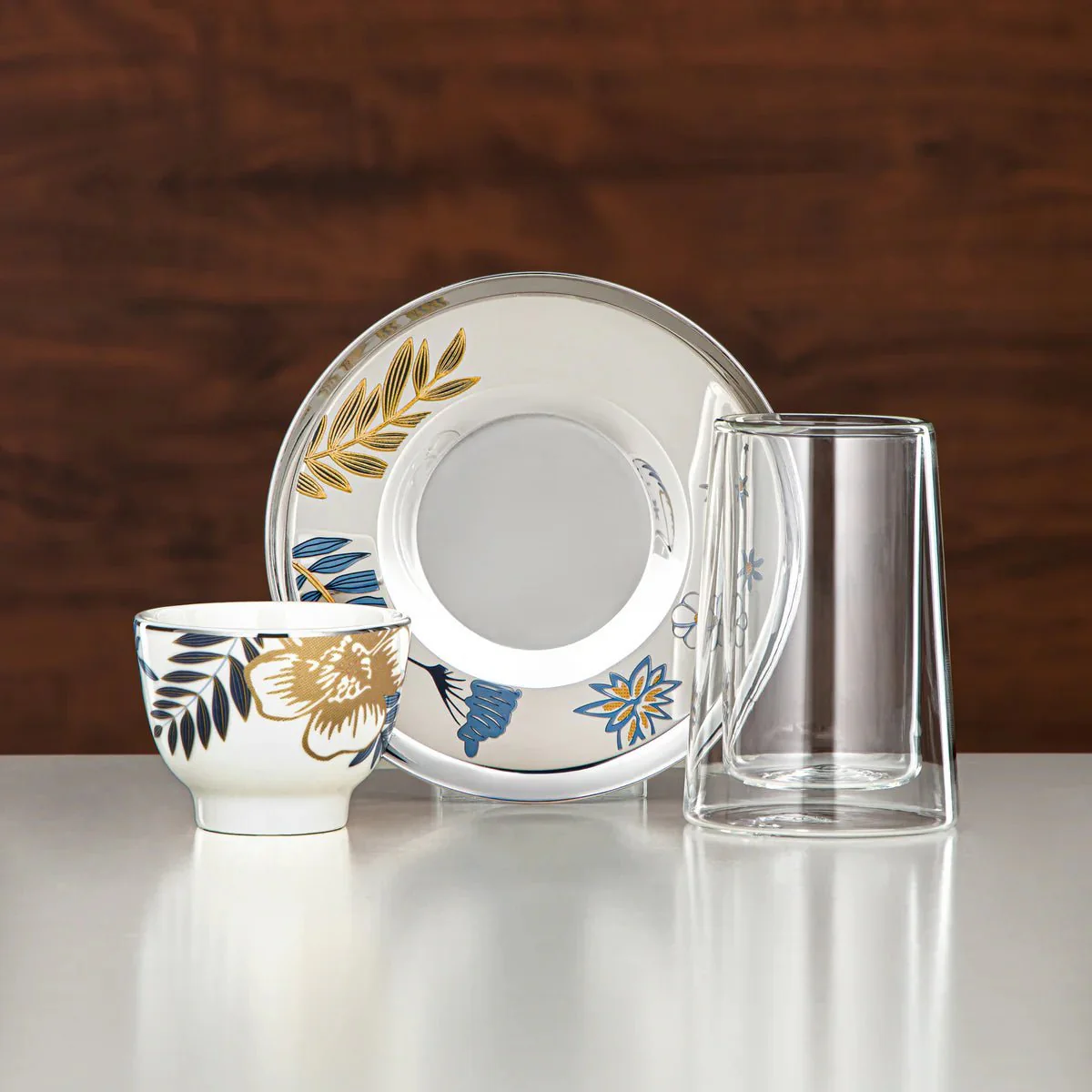 Almarjan 18-Piece Double-Walled Tea & Cawa Cup Set – Leaf & Floral Artistic Pattern (12196-3)