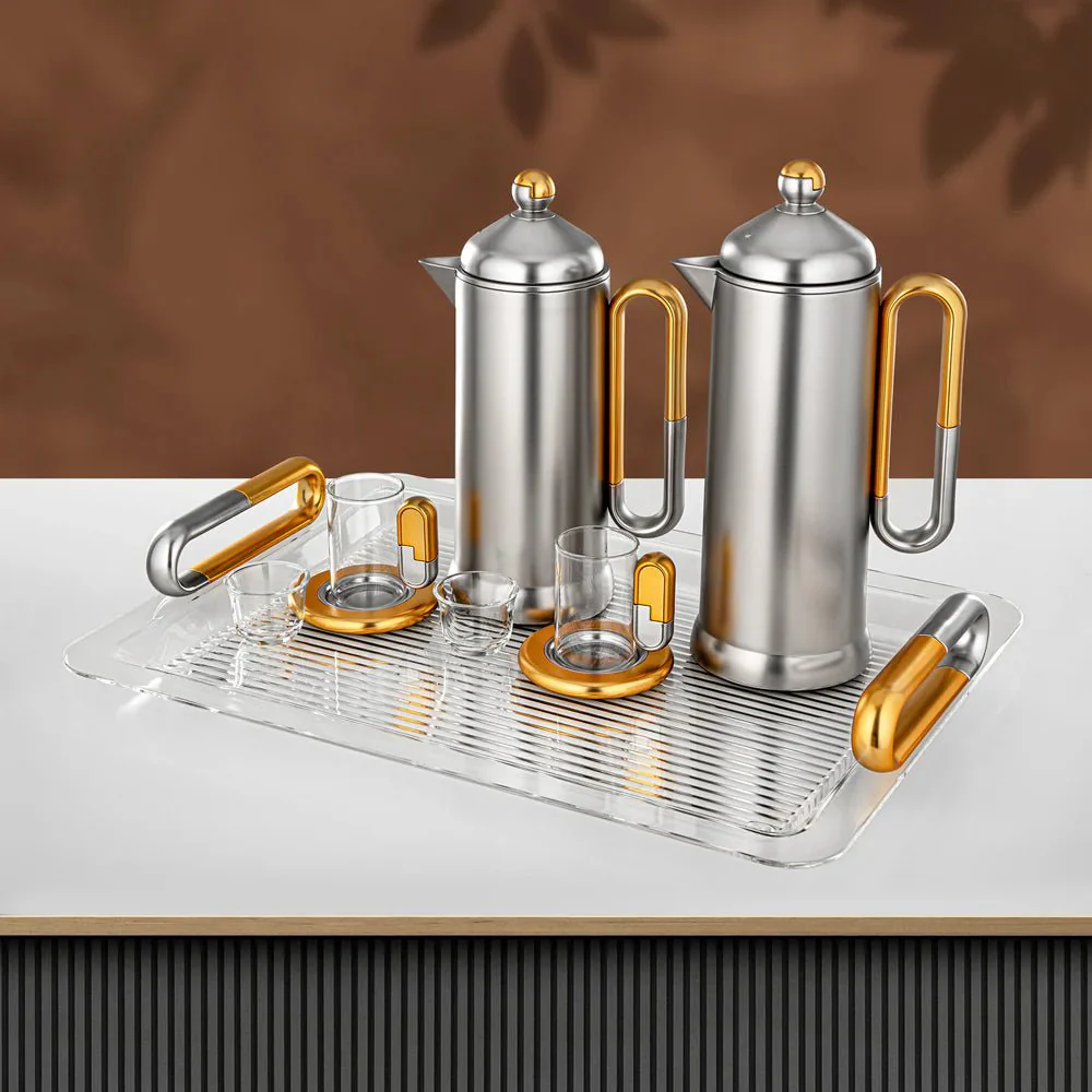 Almarjan 21 Pieces Tea & Coffee Serving Set, Matt Nickel & Matt Gold - Image 2