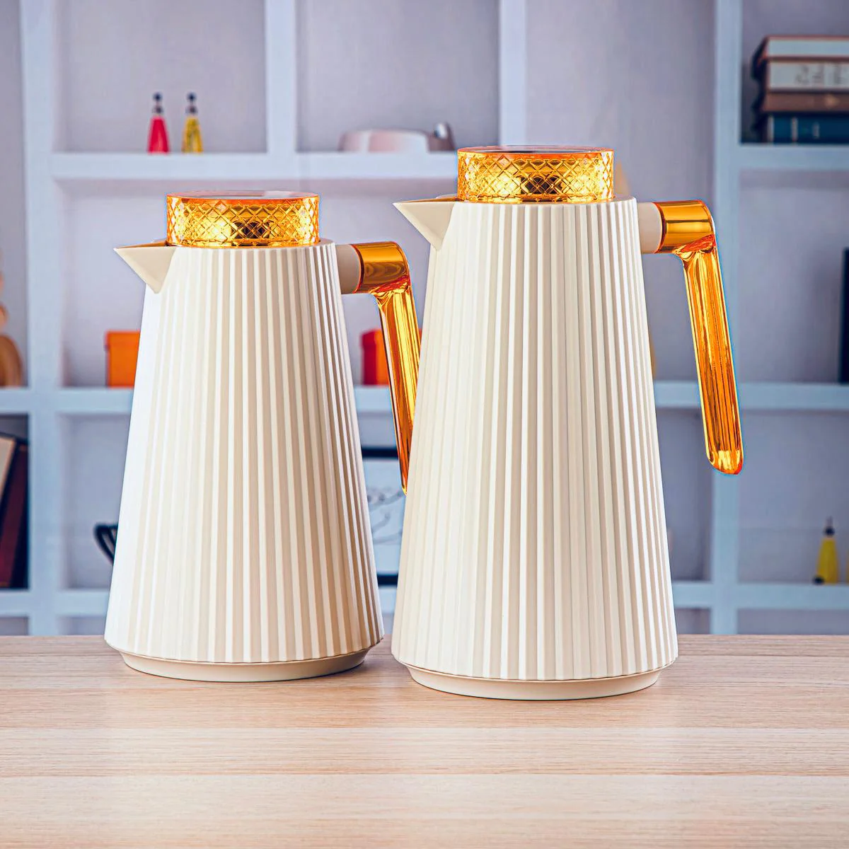 Almarjan 2pcs Vaccum Flask 1L+1.3L, Keeps Tea & Coffee Hot & Cold for 8hr, White/Orange