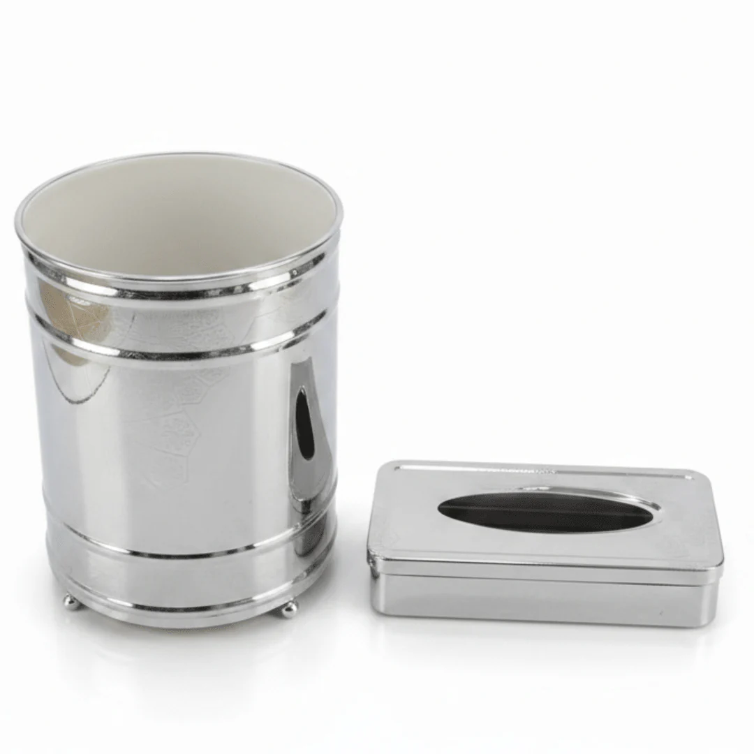 Almarjan Acrylic Dustbin with Silver Base and Tissue Box Combo – Modern Utility Set – 28 × 21 cm & 26 × 13 cm