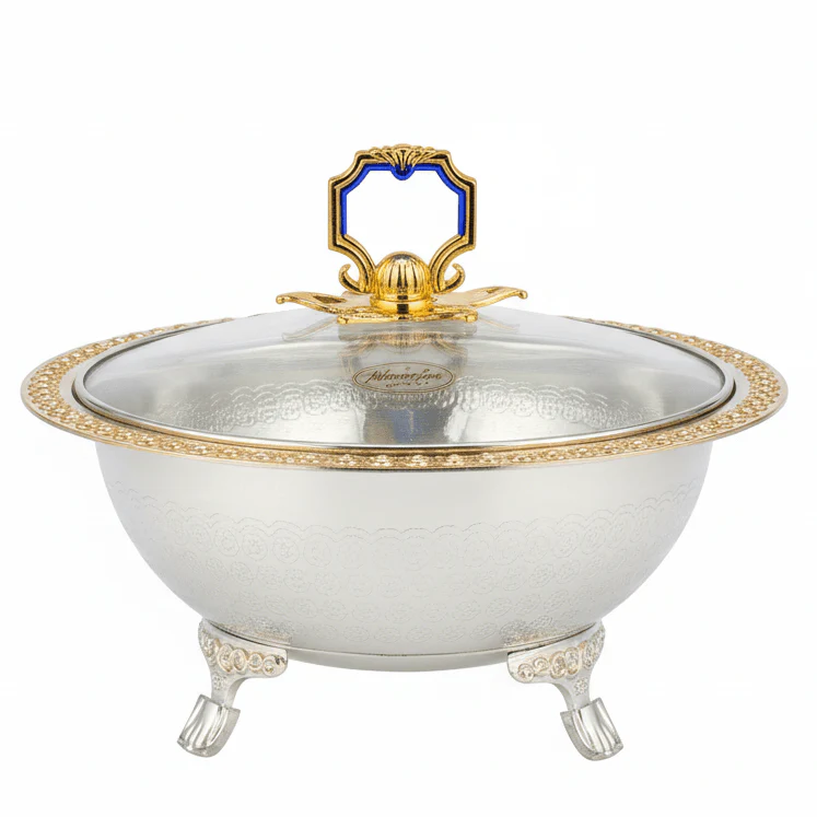 Almarjan Silver Metal Dates Bowl with Glass Lid for Luxury Table Presentation – 20cm