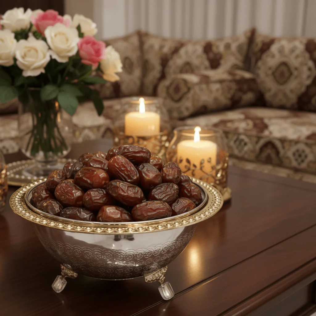 Almarjan Silver Metal Dates Bowl with Glass Lid for Luxury Table Presentation – 20cm - Image 2