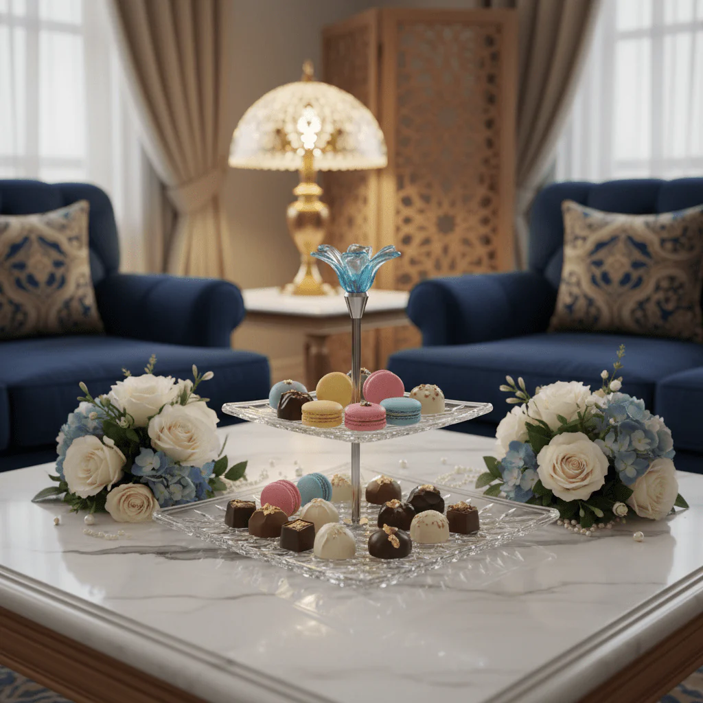 Almarjan Square 2-Tier Diamond-Cut Glass Candy Tray with Blue Floral Design for Party & Event Serving – 17 × 28 × 25 cm - Image 2