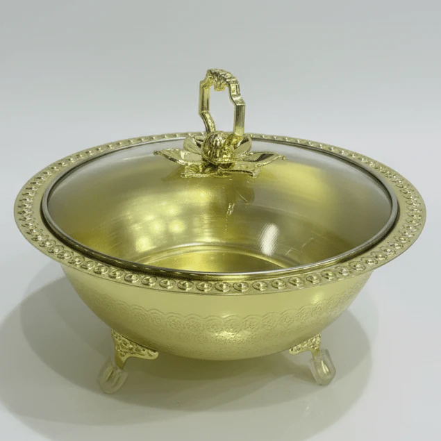 Almarjan Tinted Gold Metal Dates Bowl with Glass Lid for Modern Serving Style – 20cm