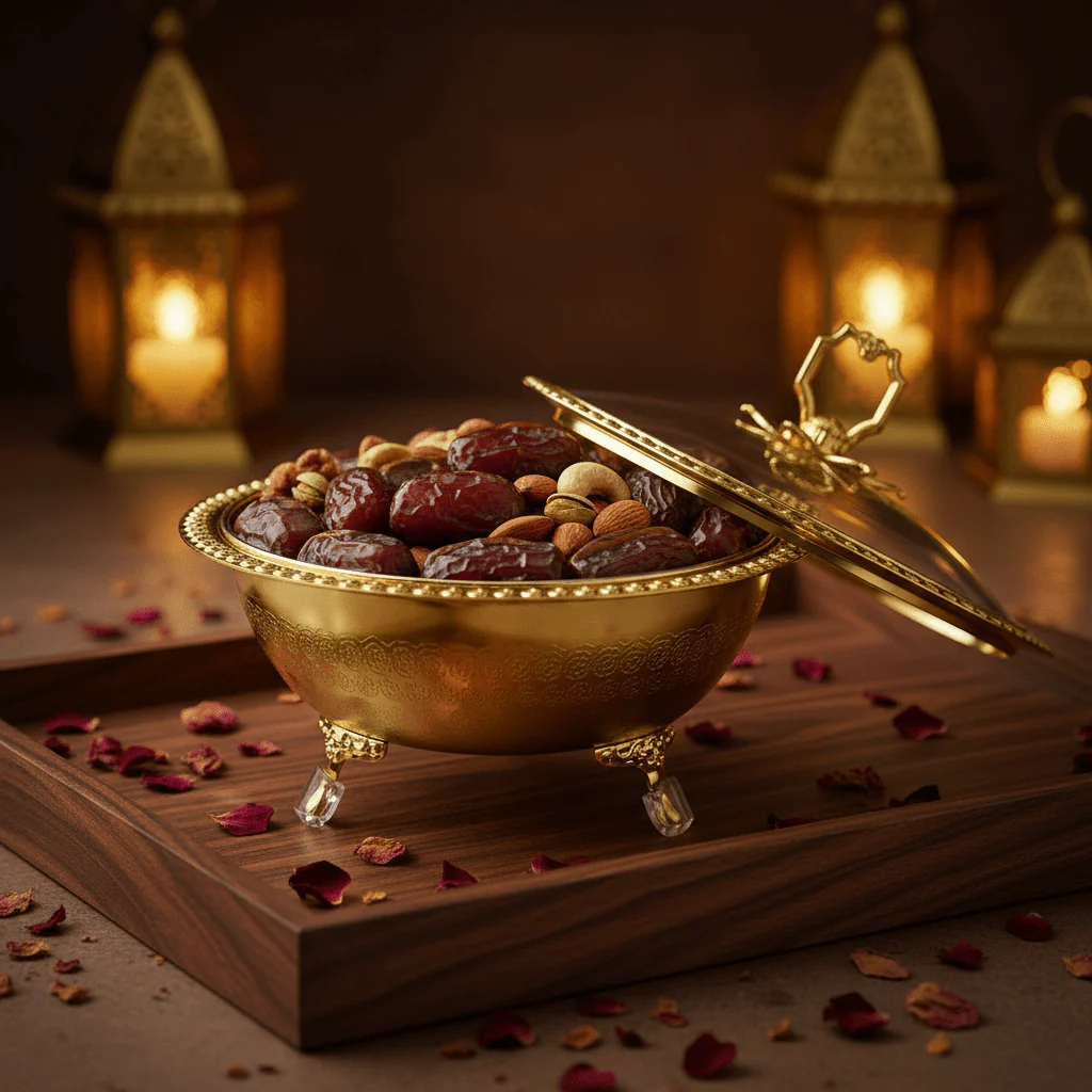 Almarjan Tinted Gold Metal Dates Bowl with Glass Lid for Modern Serving Style – 20cm - Image 2