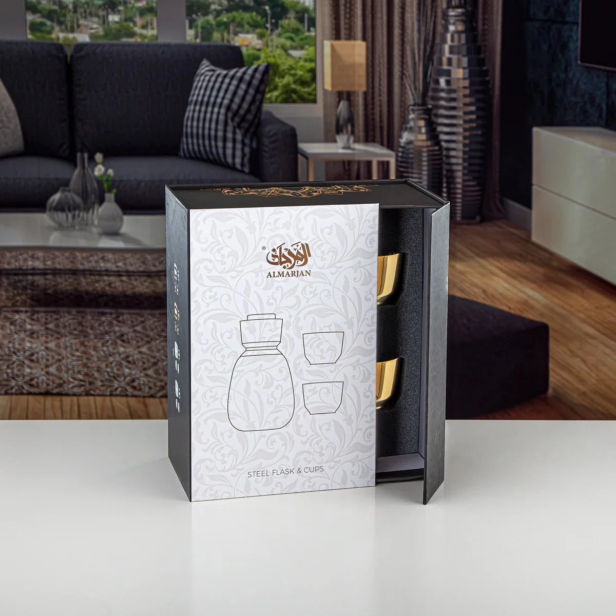 ALMARJAN Vaccum Flask 600ml with 2 Cups 90ml, Gold- K06QS02 - Image 2