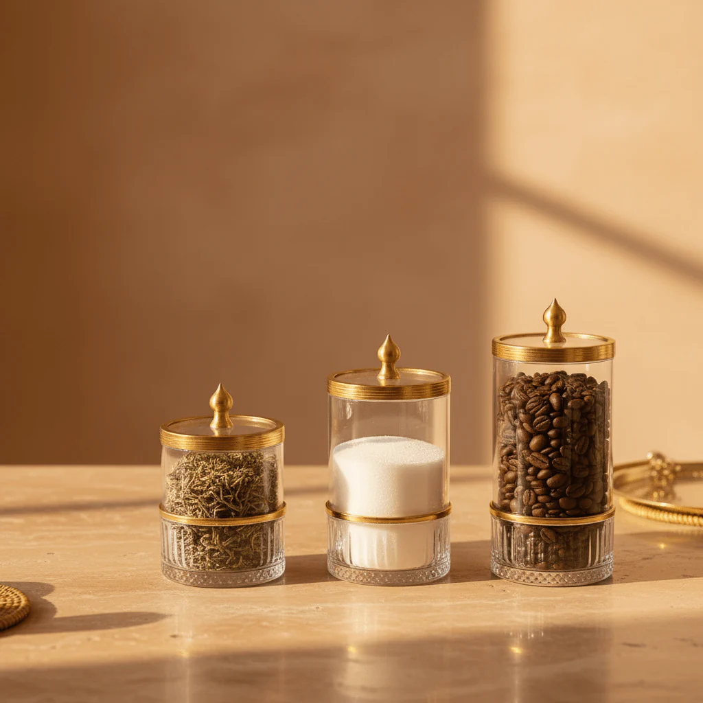 Ameco 3-Piece Clear Crystal Glass Canister Set with Gold Lid | Premium Storage Jars for Kitchen, Vanity & Home Décor 13*16*19cm - Image 3